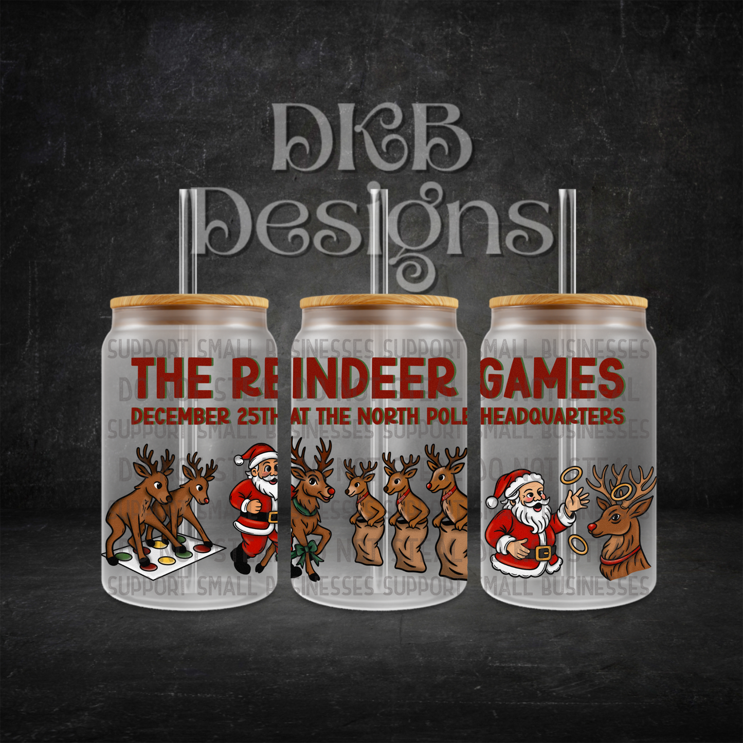 The reindeer games red 16oz glass can UV DTF