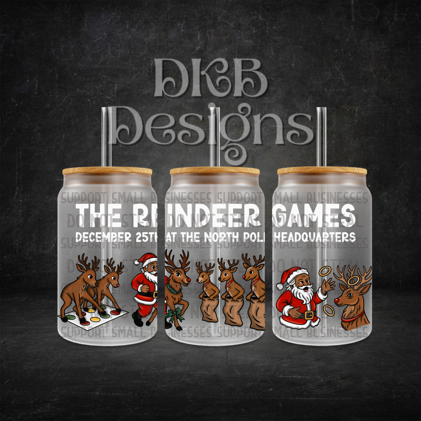 The reindeer games white 16oz glass can UV DTF