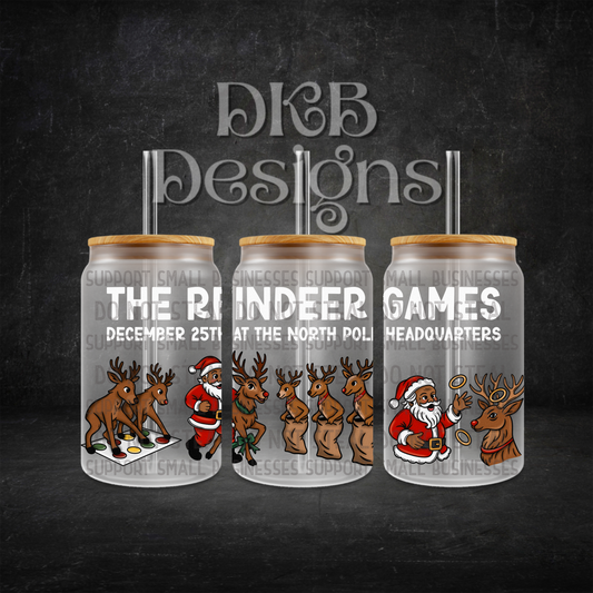 The reindeer games white 16oz glass can UV DTF
