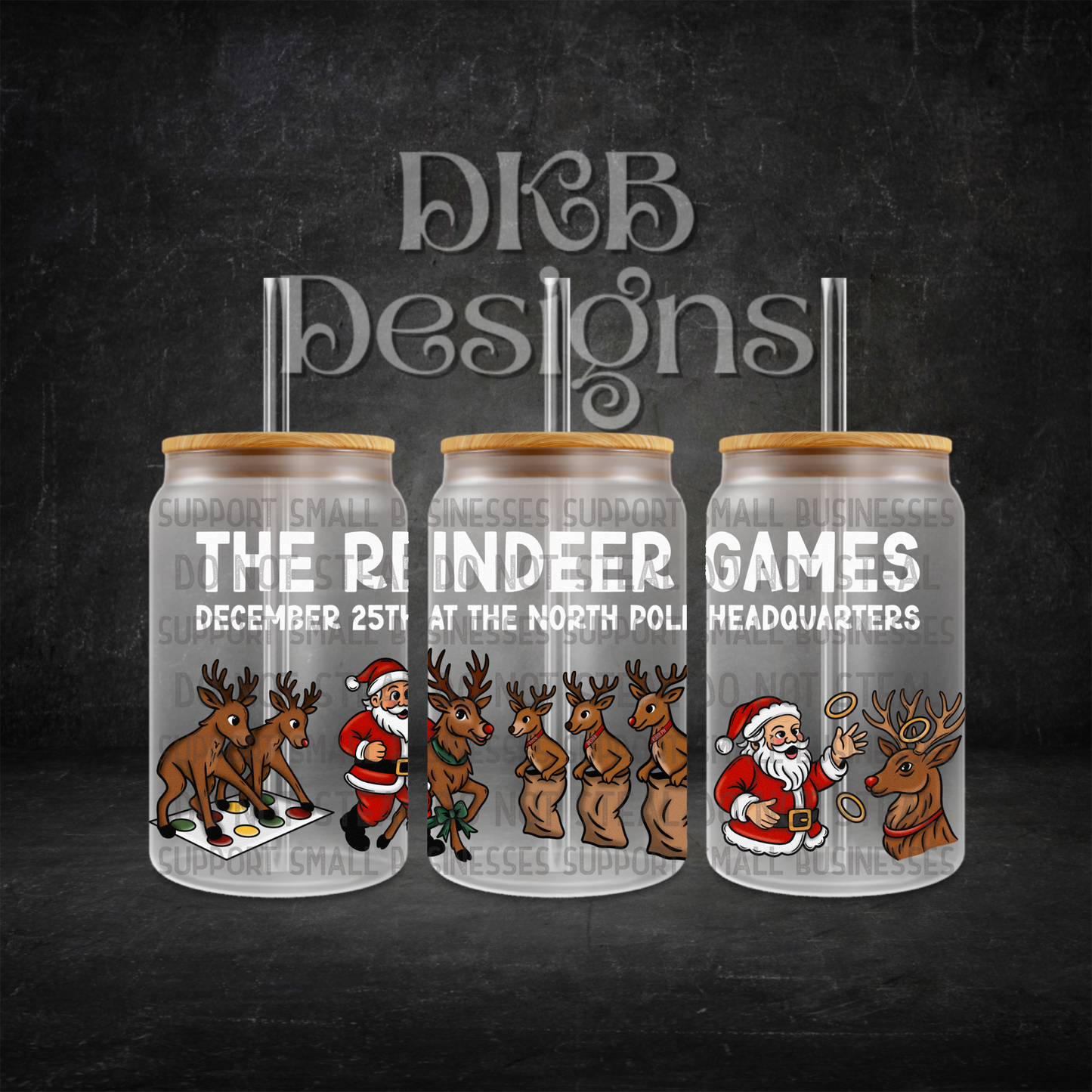 The reindeer games white 16oz glass can UV DTF