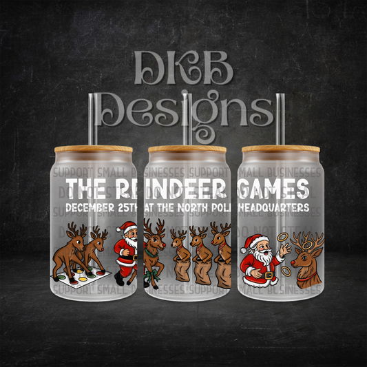 The reindeer games white 16oz glass can UV DTF