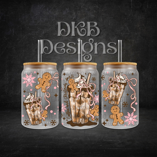 Gingerbread bow coffee 16oz glass can UV DTF
