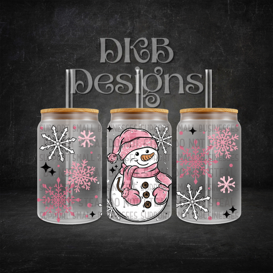 Pink snowman 16oz glass can UV DTF