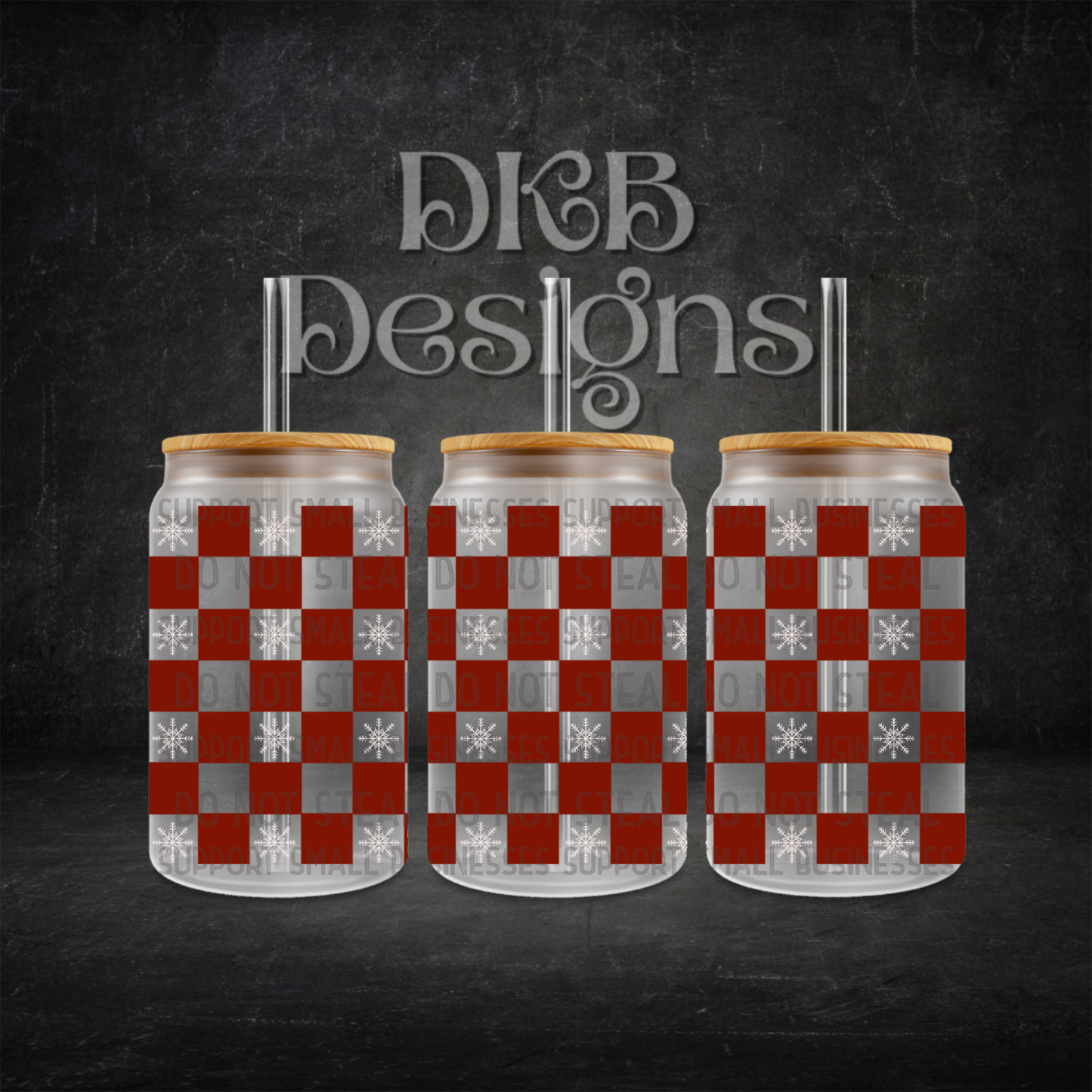 Checker snowflakes 16oz glass can UV DTF