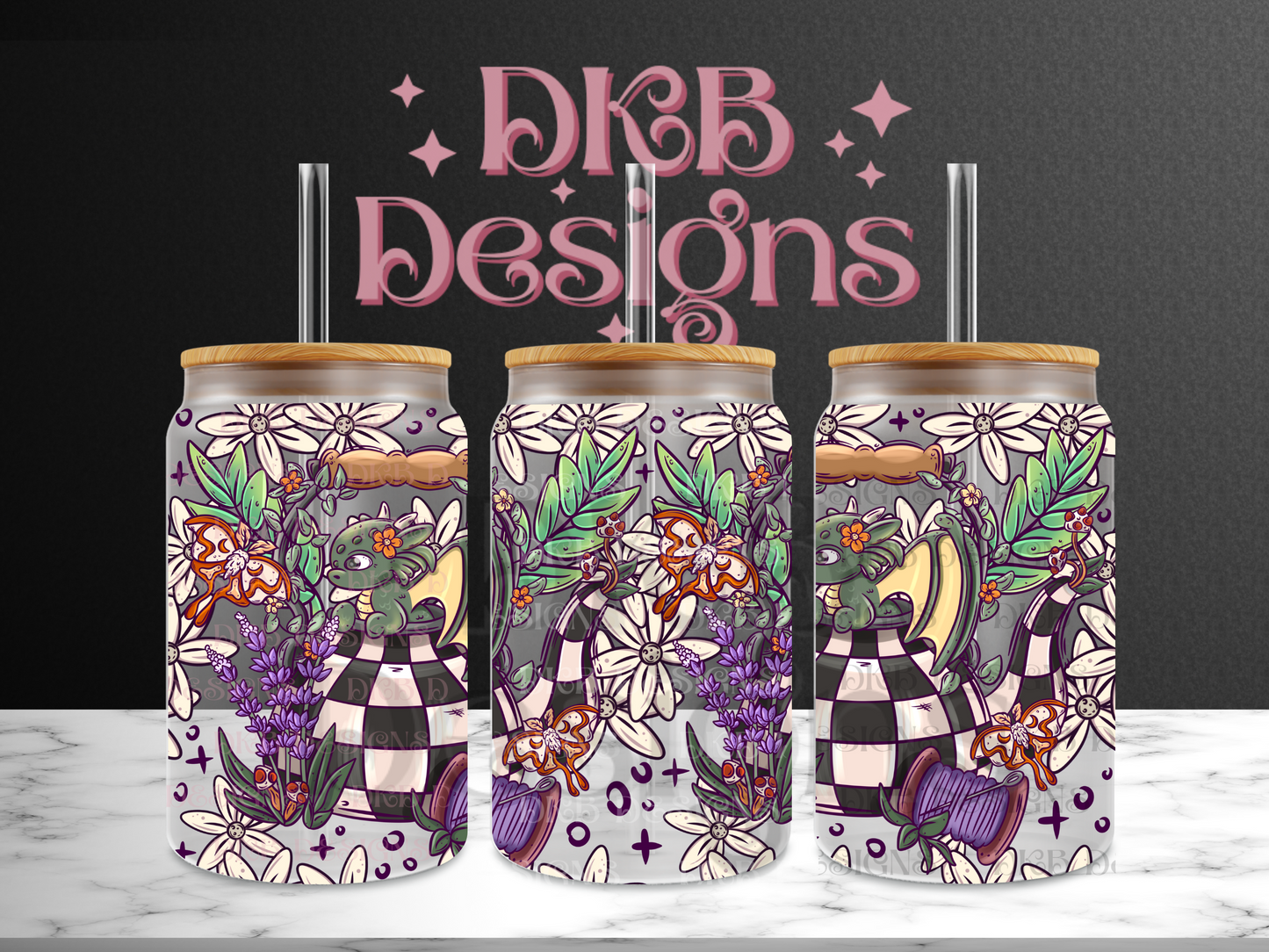 Cottage dragons 16oz glass can UV DTF