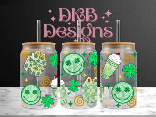 Shamrock happy 16oz glass can UV DTF