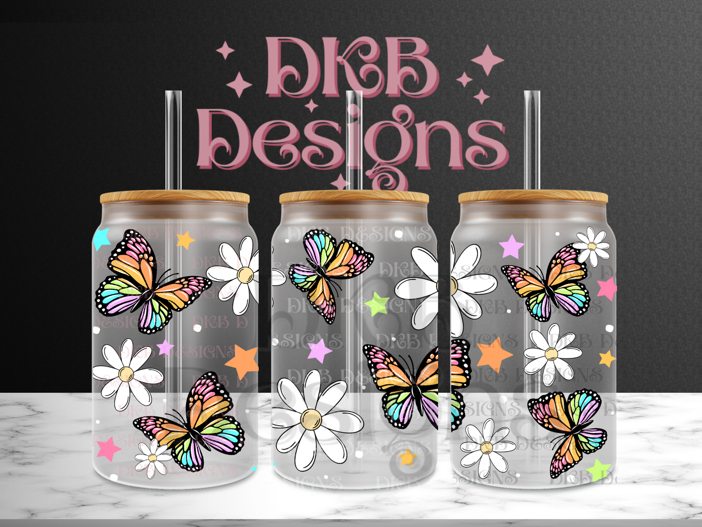 Rainbow butterflies 16oz glass can UV DTF