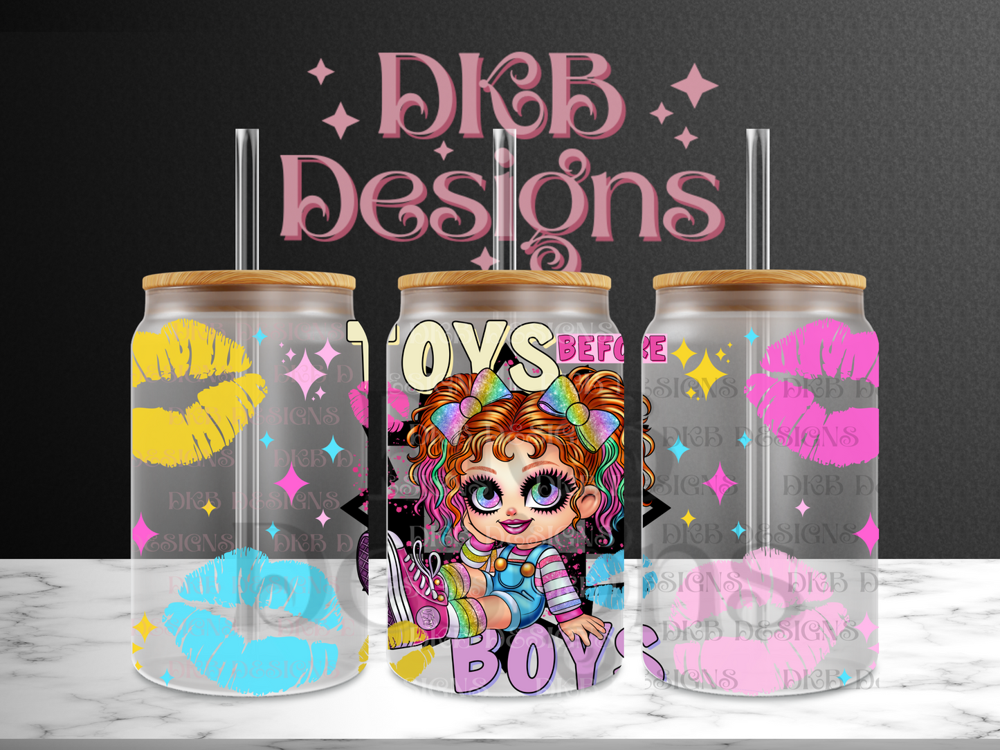 Toys before boys 16oz glass can UV DTF