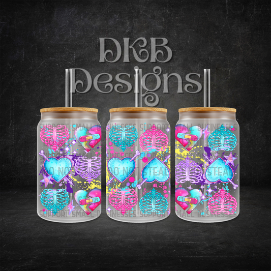 Skelly hearts 16oz glass can UV DTF