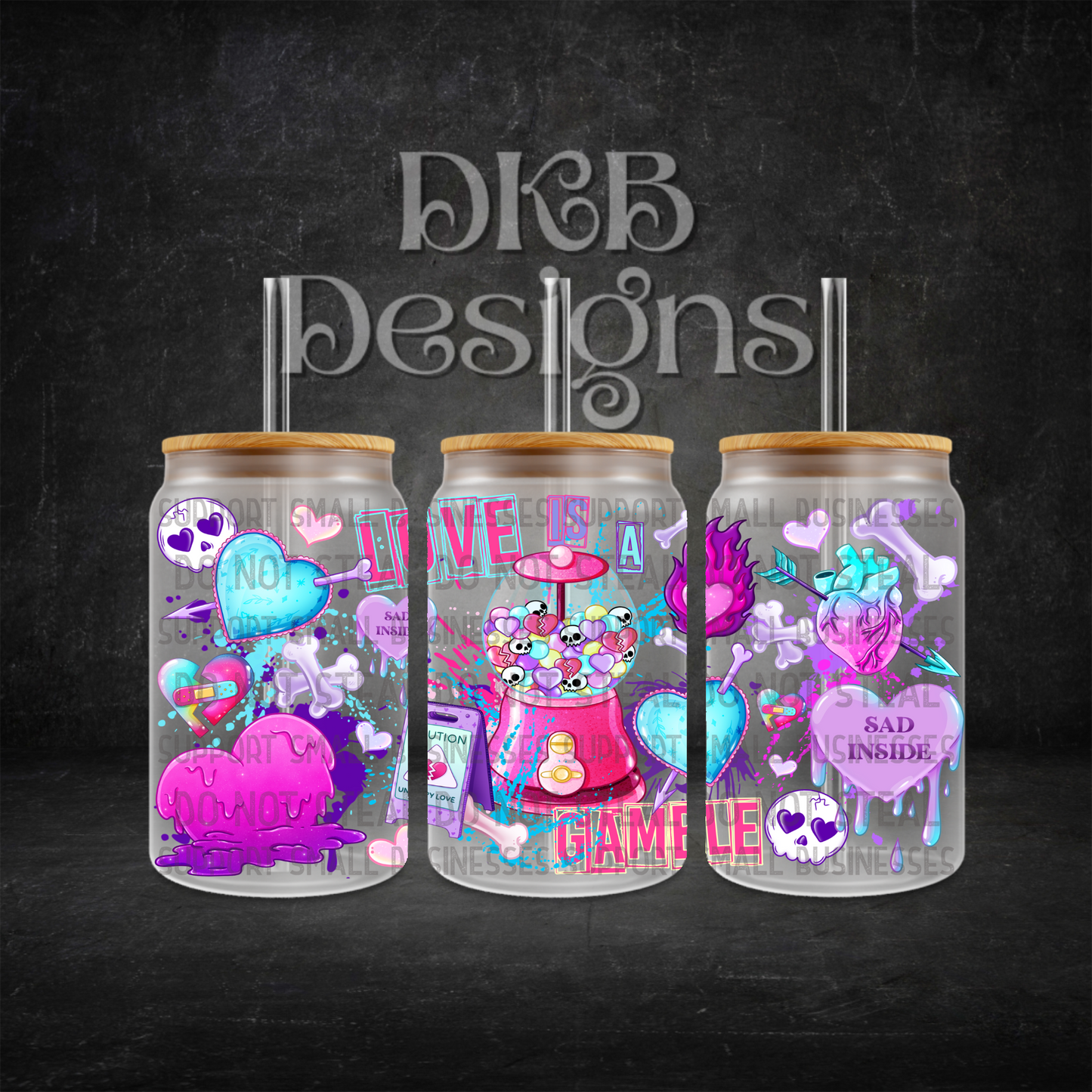 Love is a gamble 16oz glass can UV DTF