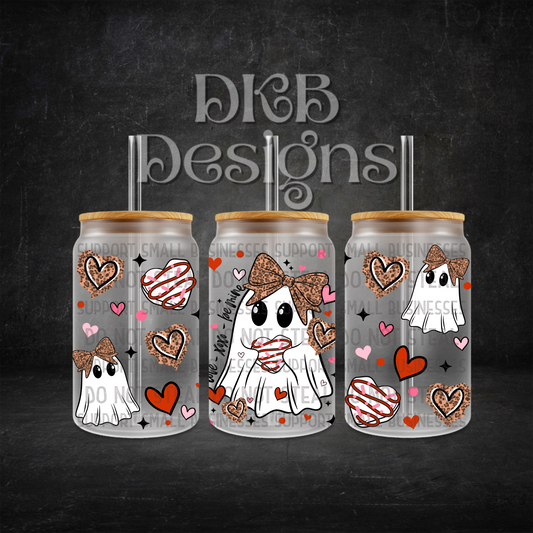 Love valentine ghostie 16oz glass can UV DTF