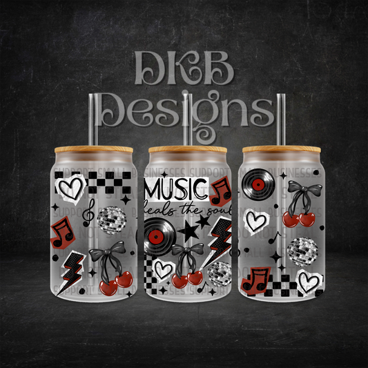 Music heals the soul 16oz glass can UV DTF