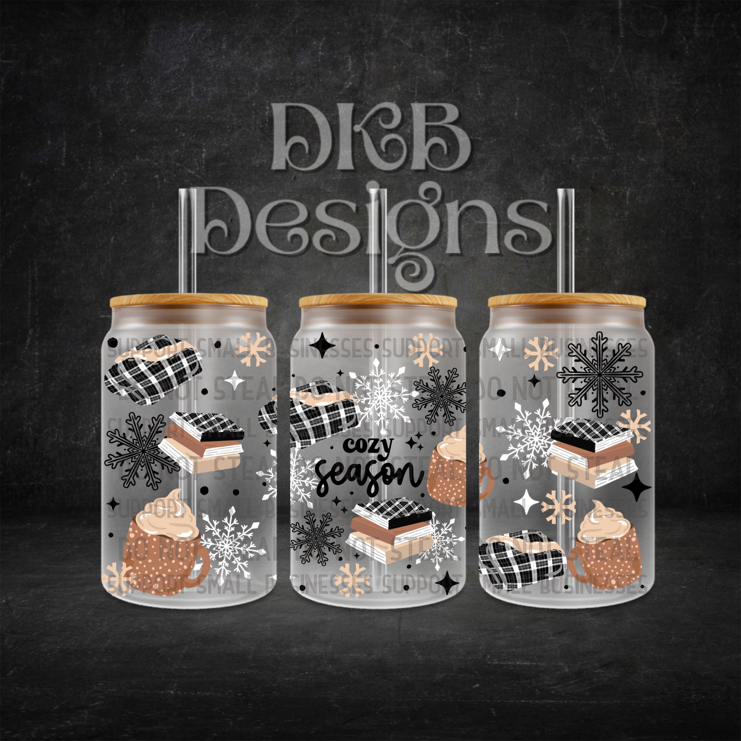 Cozy season books 16oz glass can UV DTF