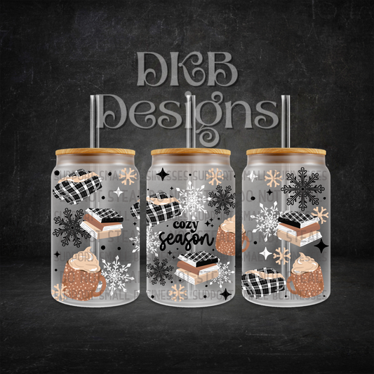 Cozy season books 16oz glass can UV DTF