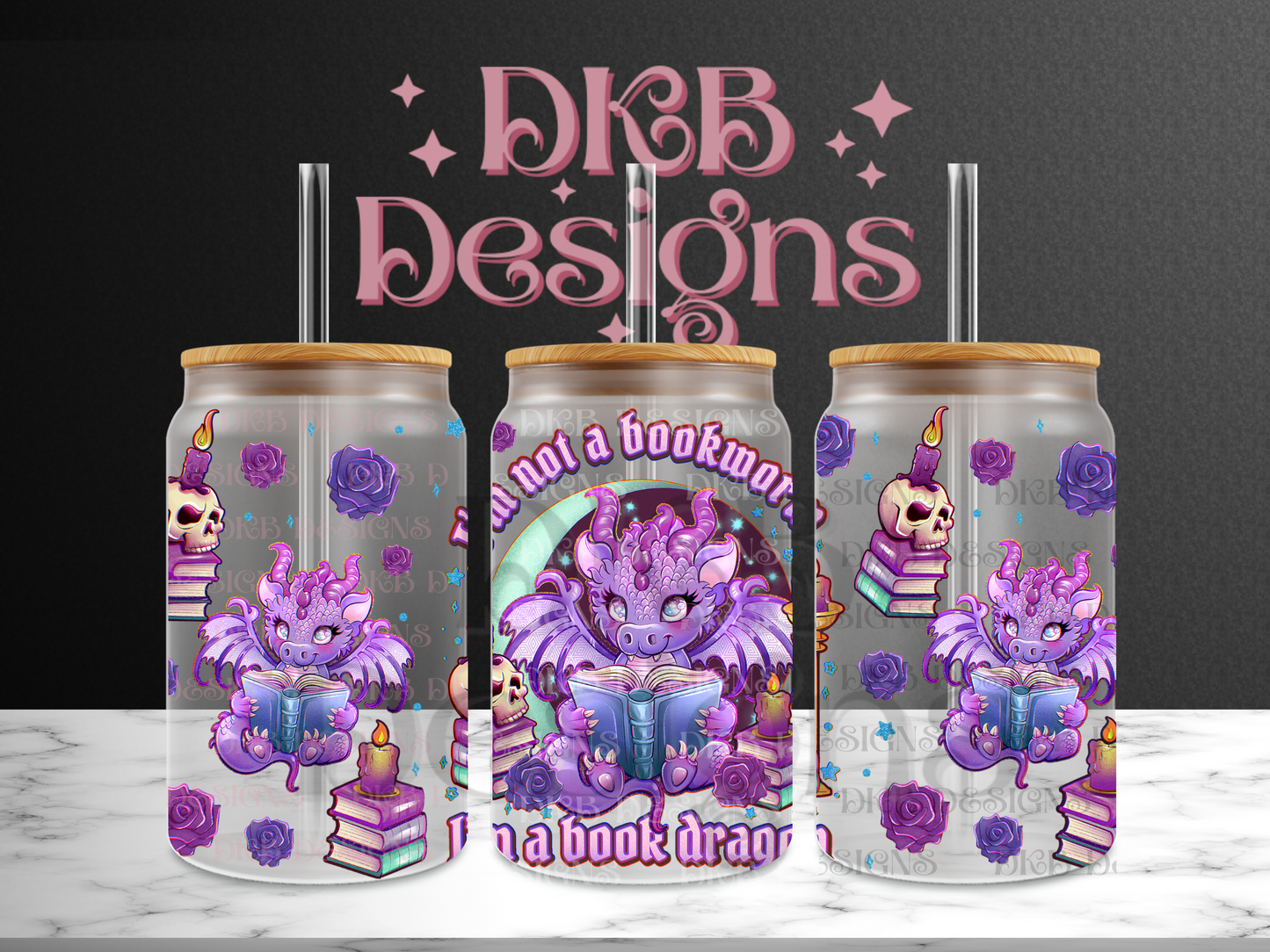 I’m a book dragon 16oz glass can UV DTF