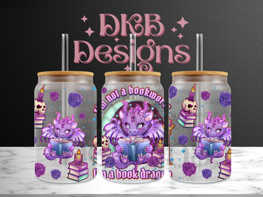 I’m a book dragon 16oz glass can UV DTF