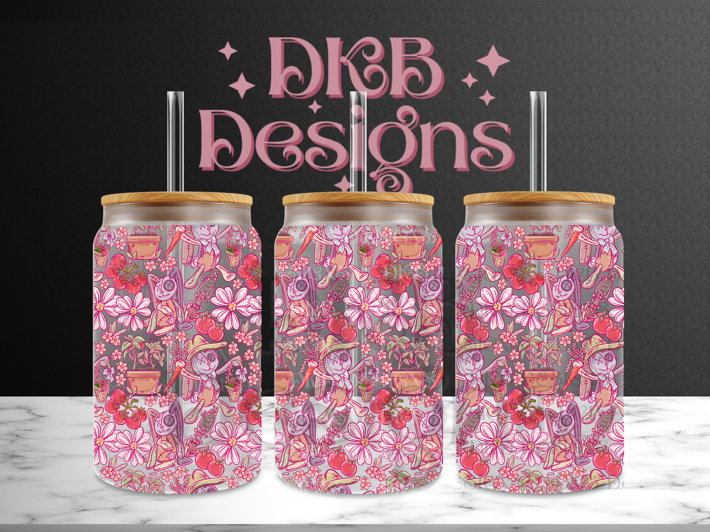 Ragdoll garden bunnies 16oz glass can UV DTF