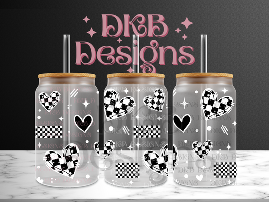 Checker hearts white 16oz glass can UV DTF