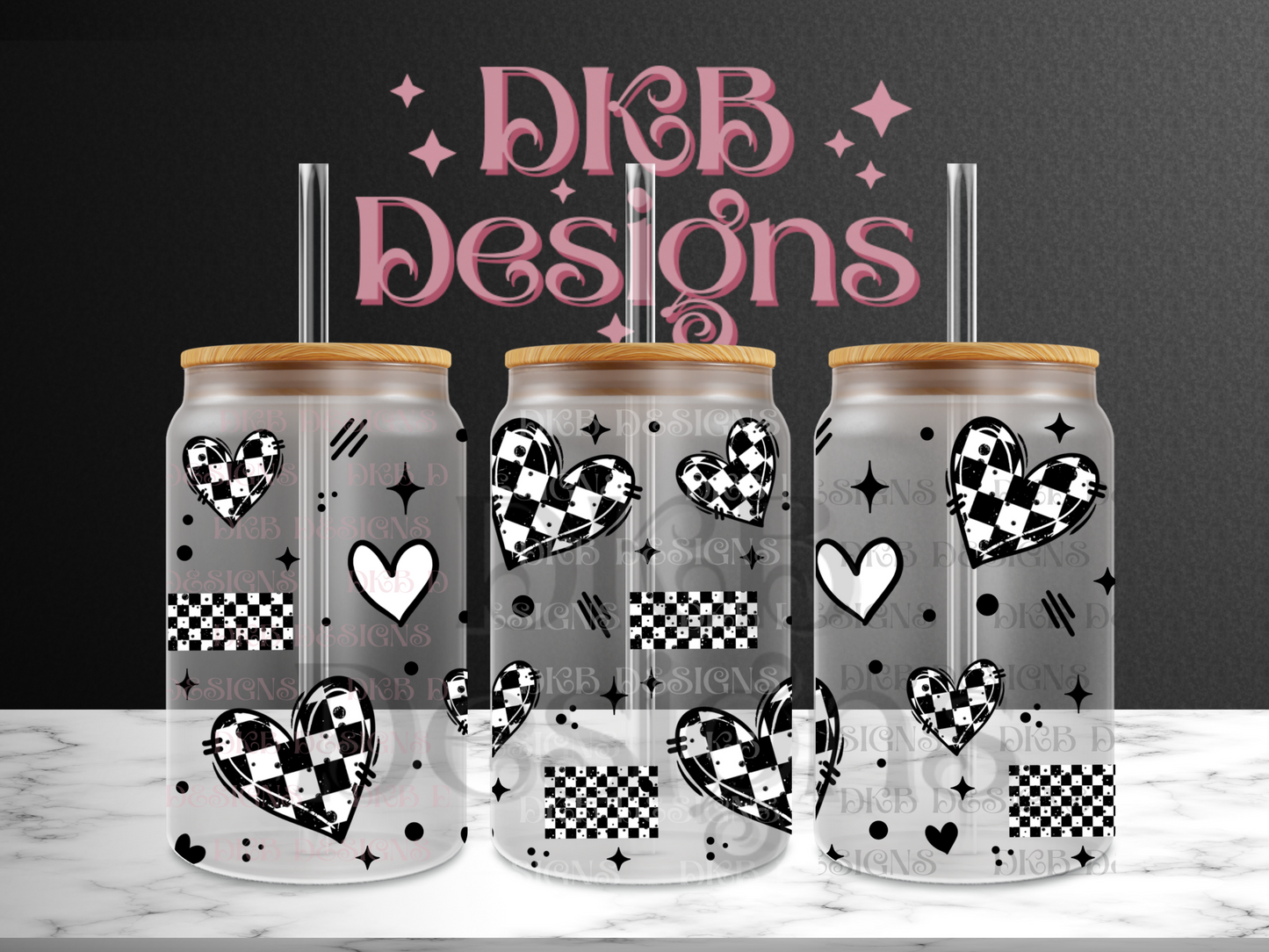 Checker hearts 16oz glass can UV DTF
