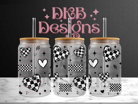 Checker hearts 16oz glass can UV DTF