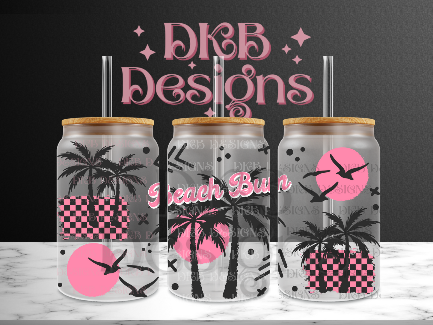 Beach bum pink 16oz glass can UV DTF