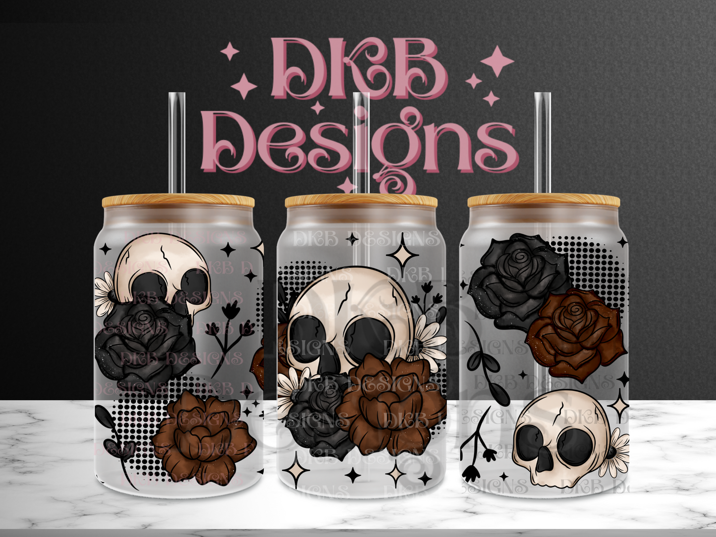 Dark floral skulls 16oz glass can UV DTF