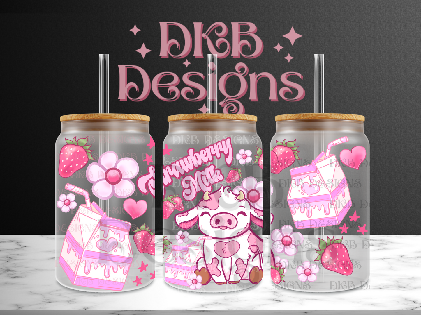 Strawberry milk cow 16oz glass can UV DTF