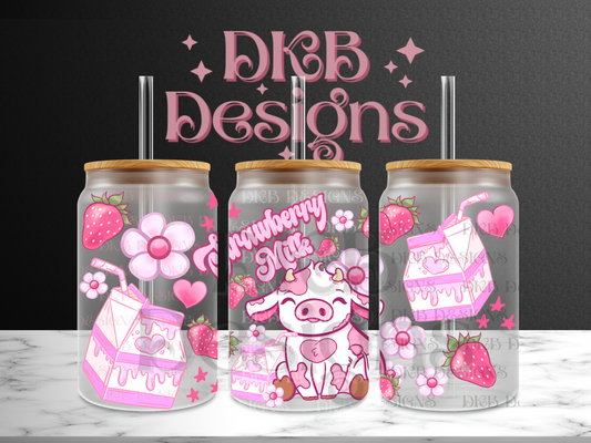 Strawberry milk cow 16oz glass can UV DTF