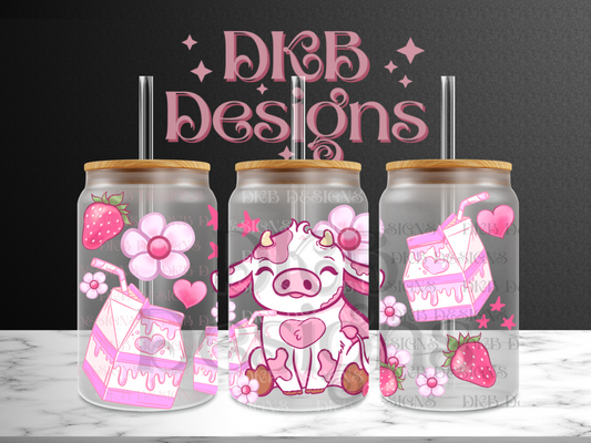 Strawberry cow 16oz glass can UV DTF