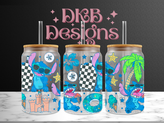 Alien blue 16oz glass can UV DTF