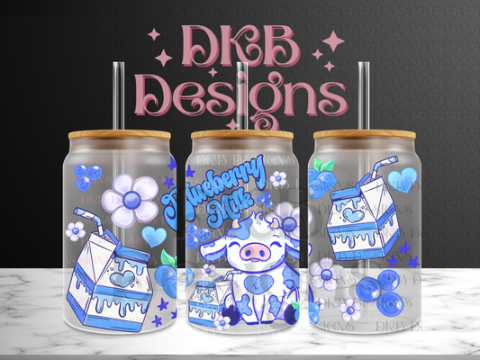 Blueberry milk Cow 16oz glass can UV DTF