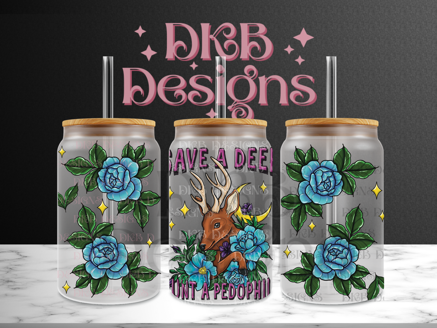 Save a deer 16oz glass can UV DTF
