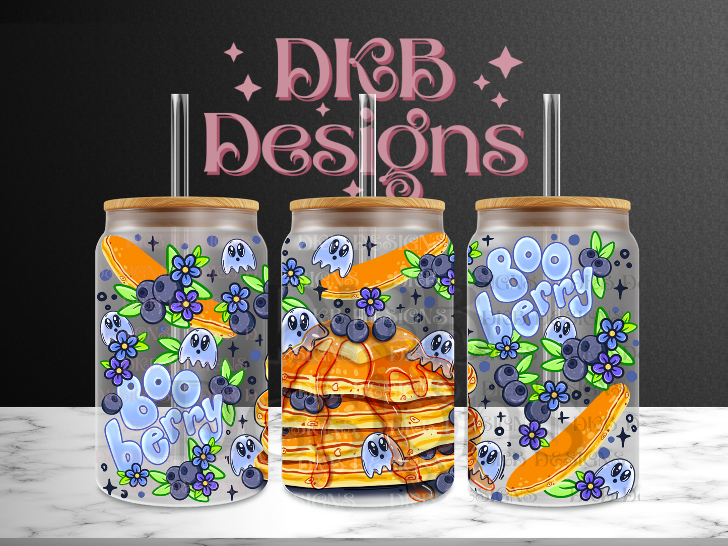 Boo berry pancakes 16oz glass can UV DTF