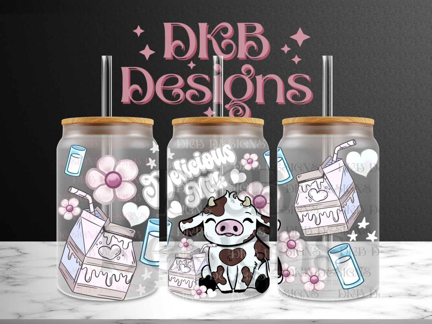 Delicious milk Cow 16oz glass can UV DTF