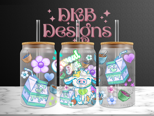 Cereal milk Cow 16oz glass can UV DTF