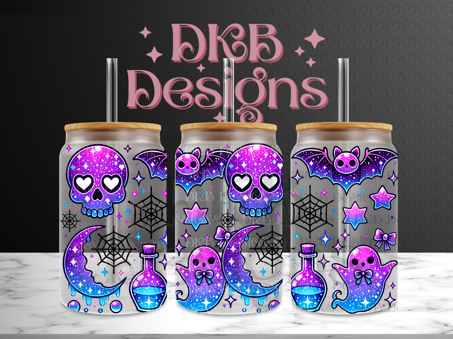 Sparkly spooky stuff 16oz glass can UV DTF