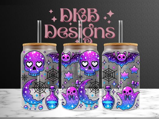 Sparkly spooky stuff 16oz glass can UV DTF