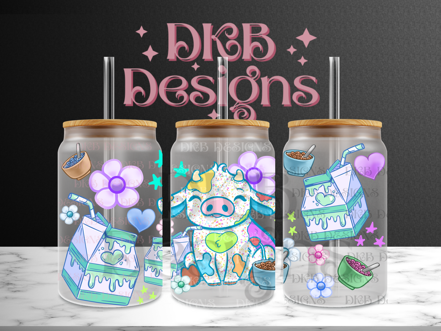 Cereal Cow 16oz glass can UV DTF